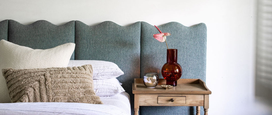 Bed and bedside styled with ferm living crease cushion and citta lazo cushion