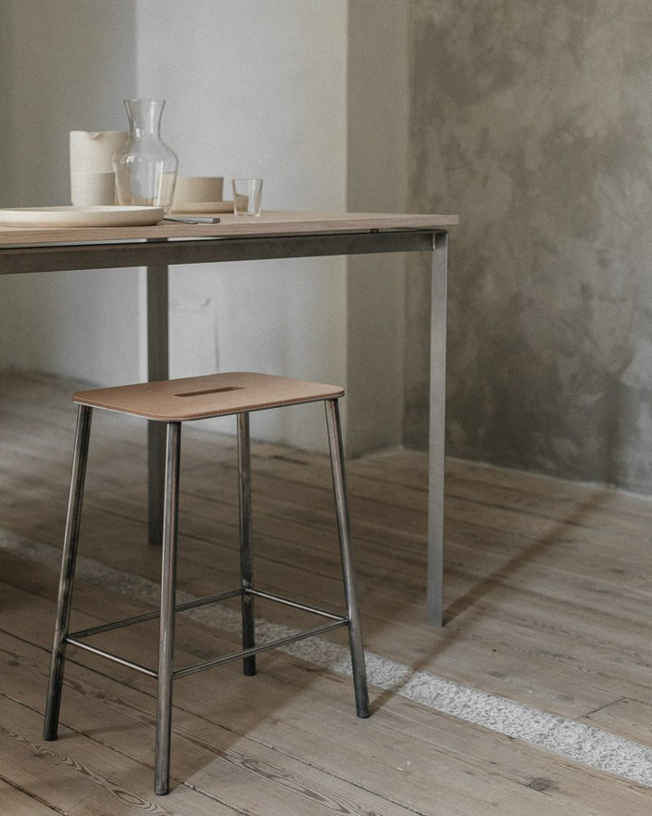 SHOWROOM SAMPLE | FRAMA Adam Counter Stool, Natural Leather/Raw Steel, H65cm