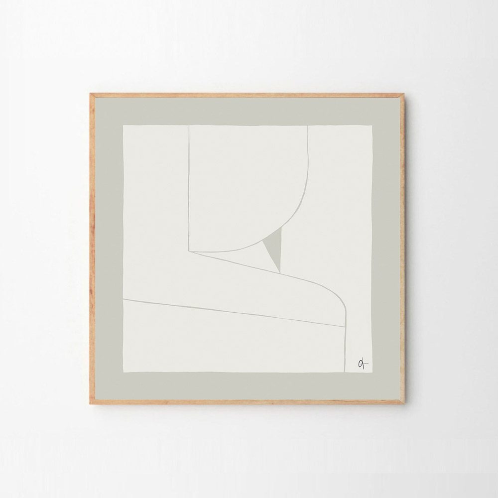 A line drawing on art paper housed in a square wooden frame on a grey white background.