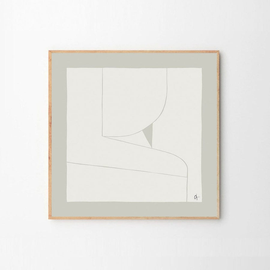 A line drawing on art paper housed in a square wooden frame on a grey white background.