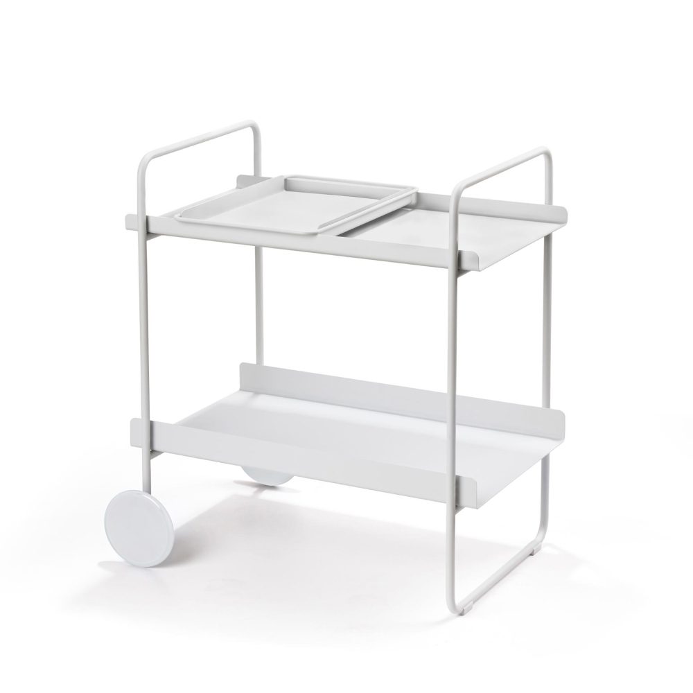 Isometric view of a grey, empty, two-wheeled and tiered cocktail bar cart.