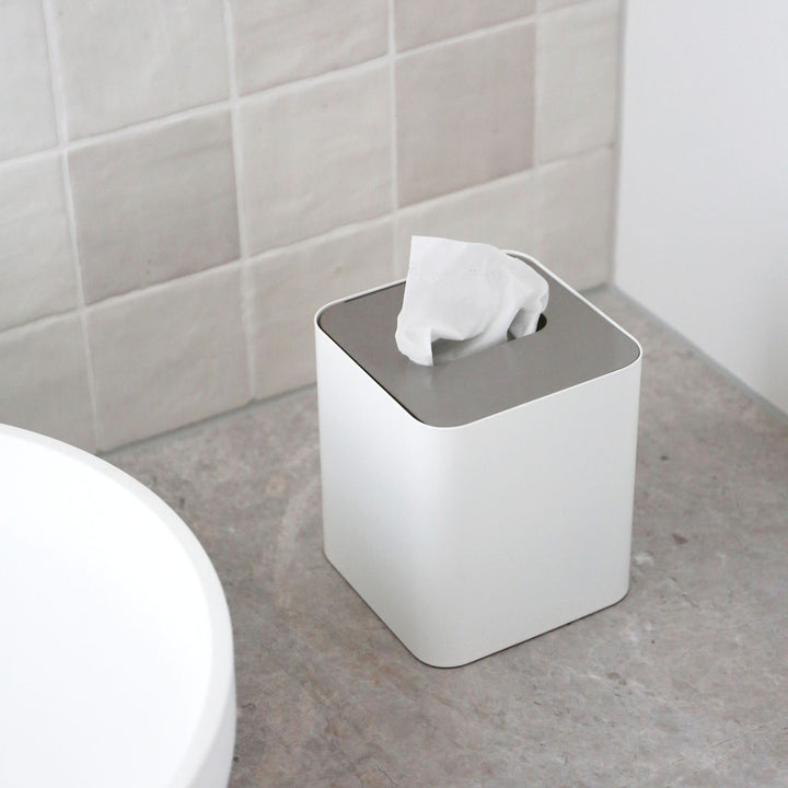 DESIGNSTUFF Square Tissue Box w/ Metal Lid, White/Brushed Steel