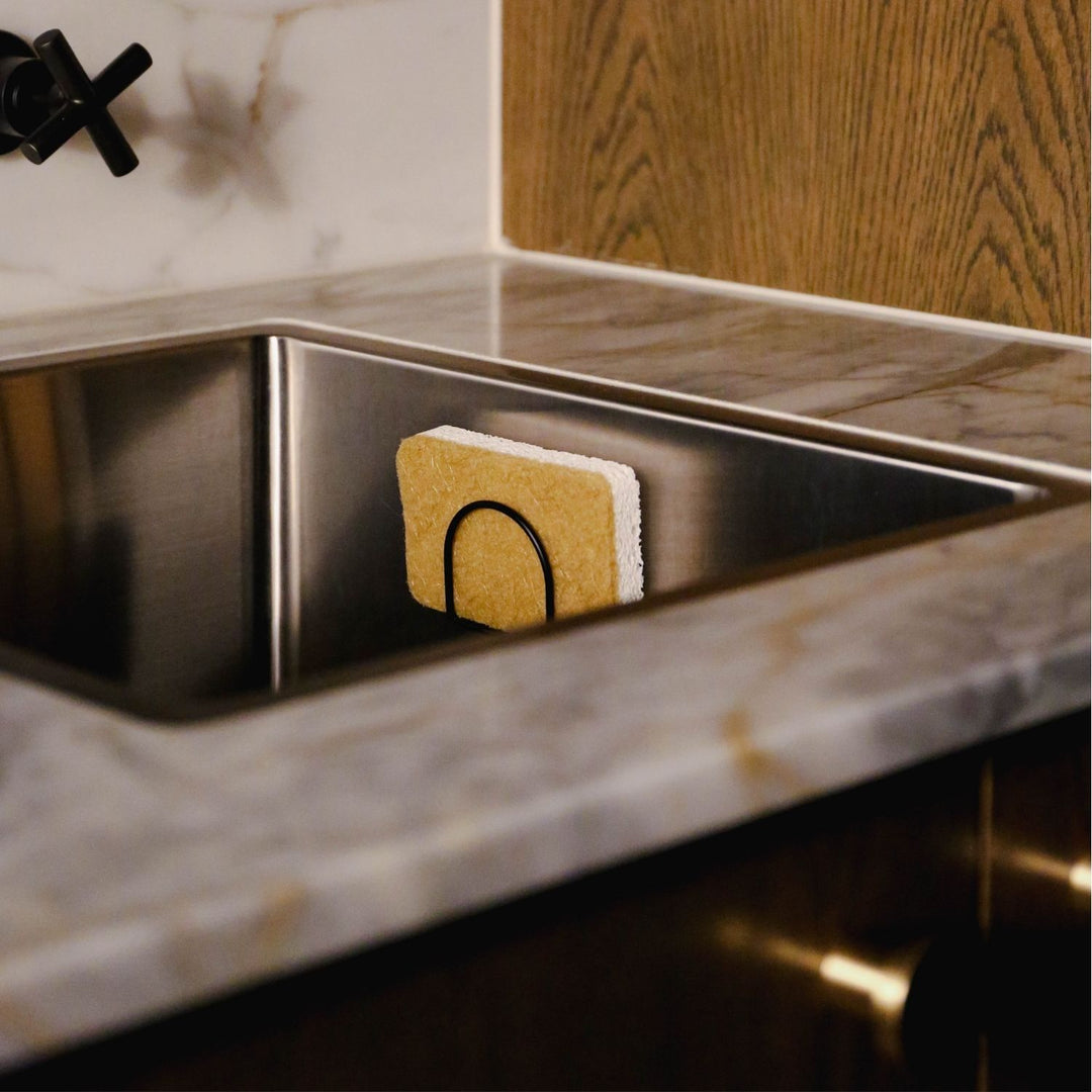 Natural lighting, perspective view of a sponge placed on a sponge holder inside the sink area.