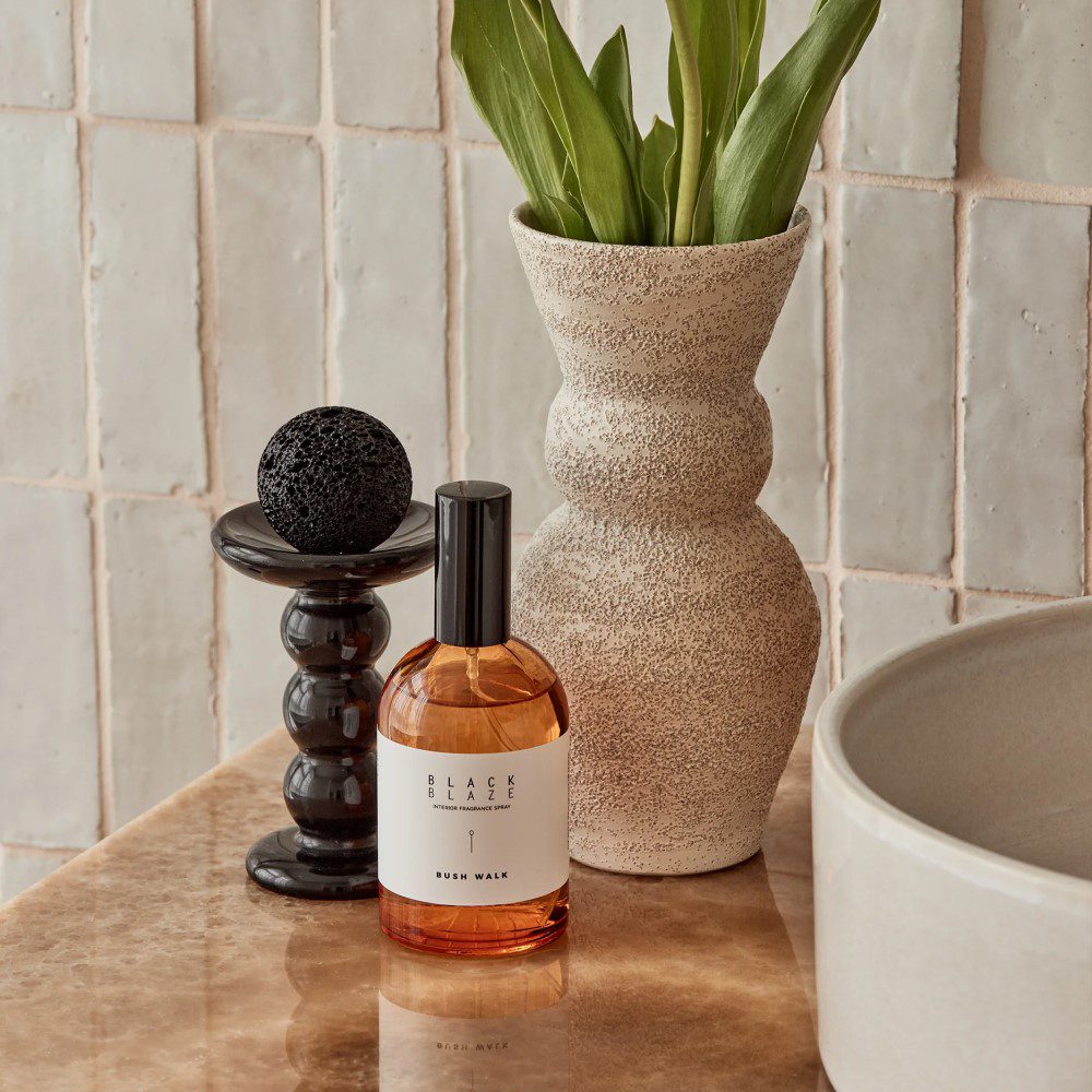 A spray bottle placed in between a vase and a small home décor.