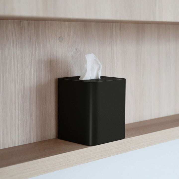 DESIGNSTUFF Square Tissue Box w/ Metal Lid, Black/Black