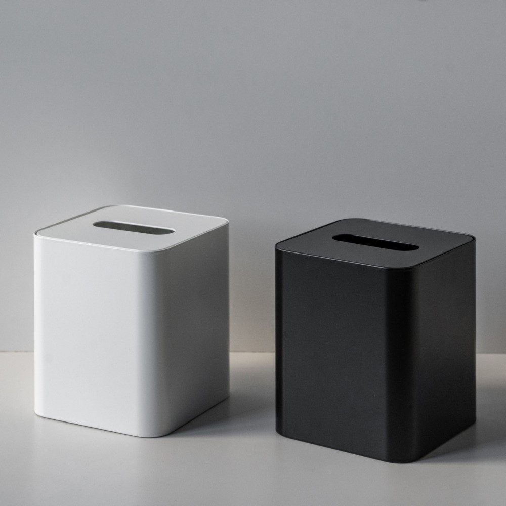 DESIGNSTUFF Square Tissue Box w/ Metal Lid, Black/Black