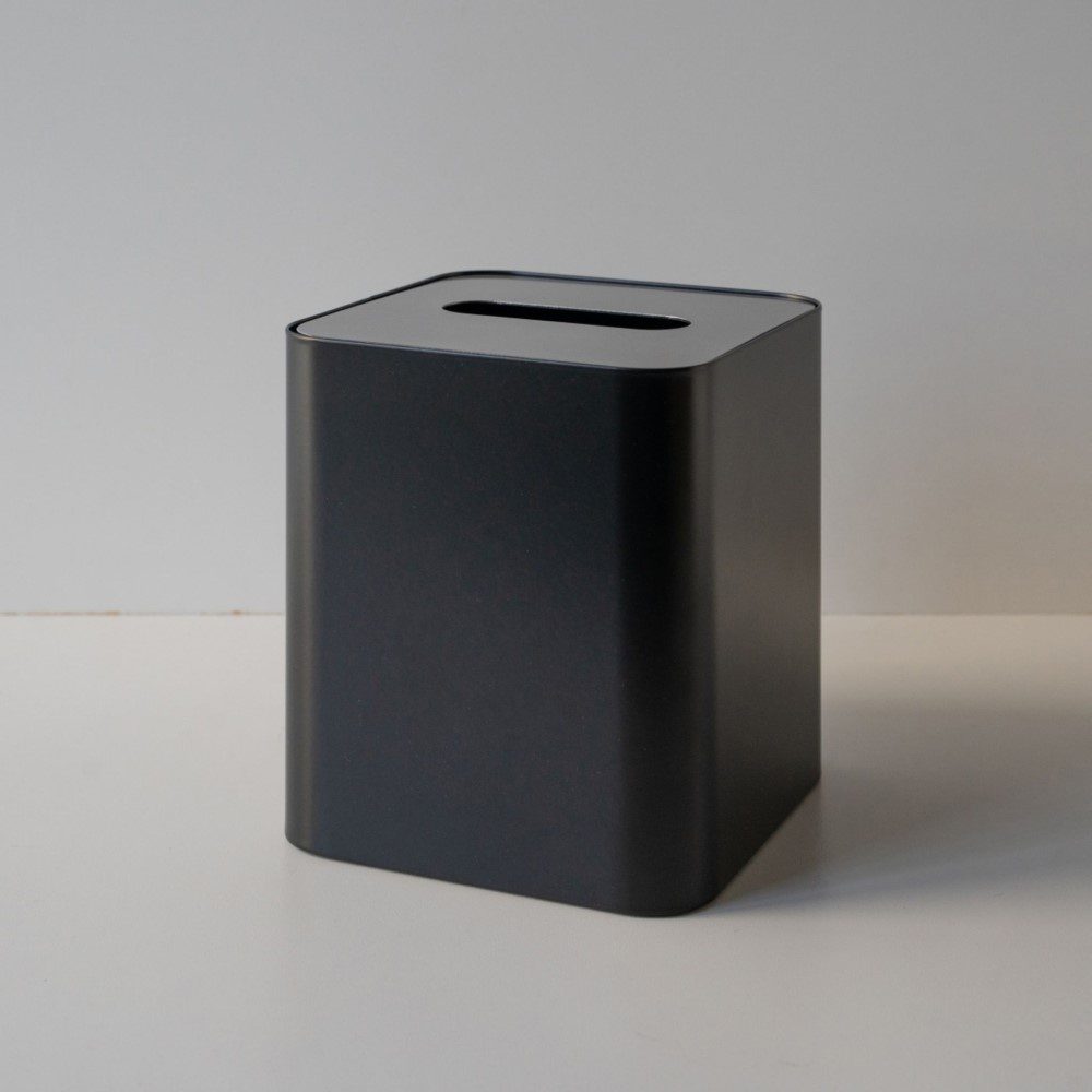 DESIGNSTUFF Square Tissue Box w/ Metal Lid, Black/Brushed Steel