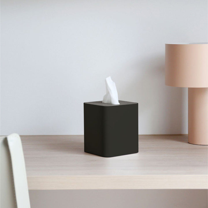 DESIGNSTUFF Square Tissue Box w/ Metal Lid, Black/Brushed Steel