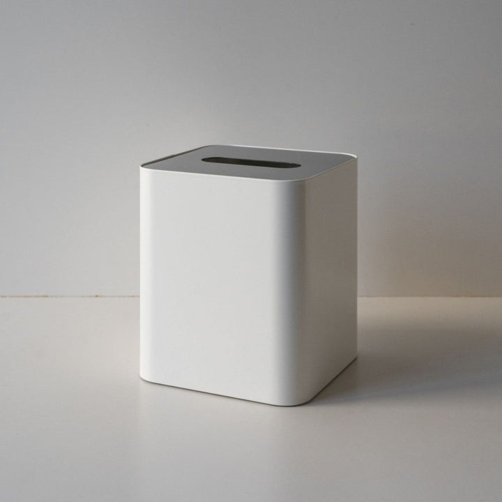 DESIGNSTUFF Square Tissue Box w/ Metal Lid, White/Brushed Steel