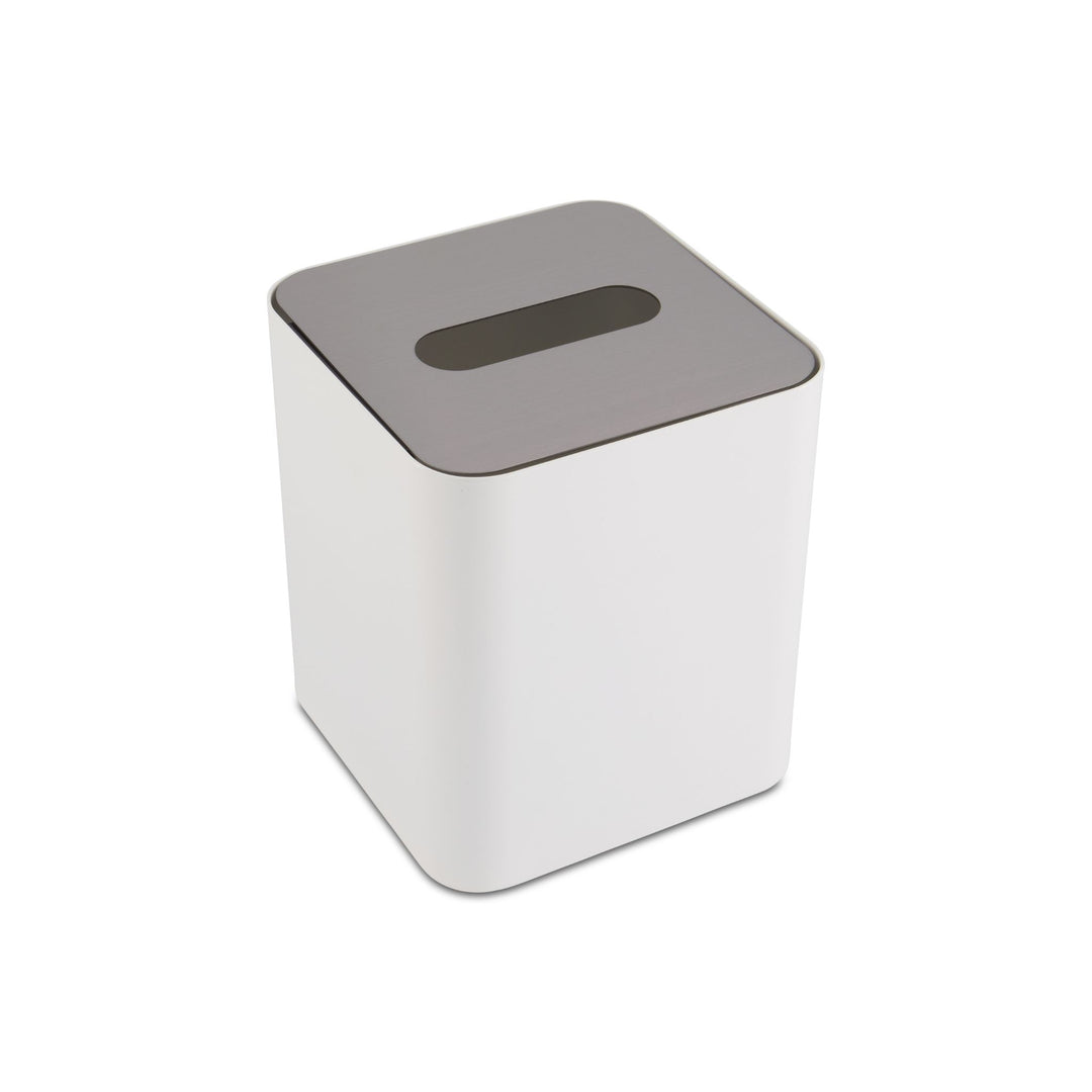 DESIGNSTUFF Square Tissue Box w/ Metal Lid, White/Brushed Steel