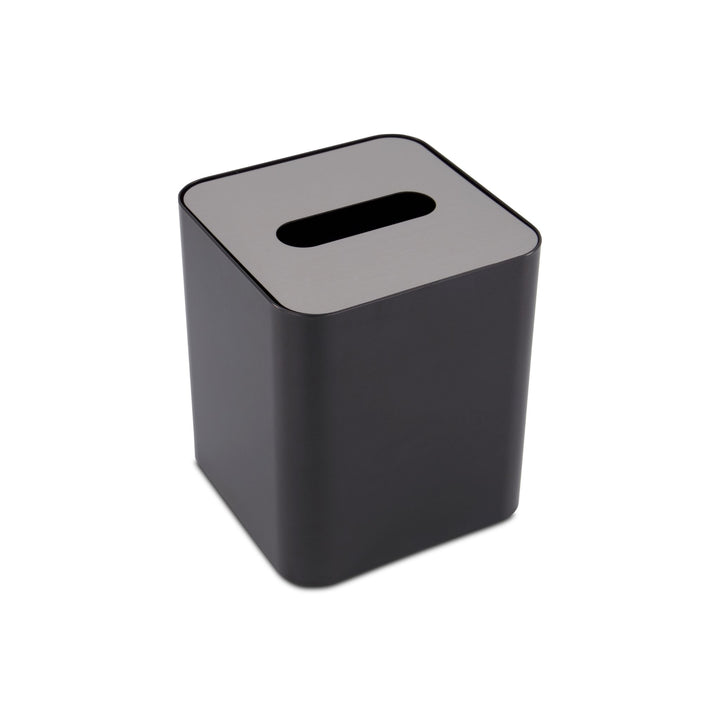 DESIGNSTUFF Square Tissue Box w/ Metal Lid, Black/Brushed Steel