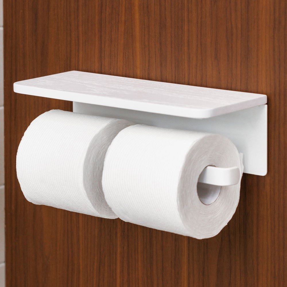 DESIGNSTUFF Toilet Roll Holder w/ Shelf Dual, White