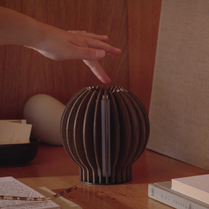 Natural light, cropped, perspective view of a hand pressing the switch of an unlit, bulb-shaped wooden oak lamp on top of a shelf.