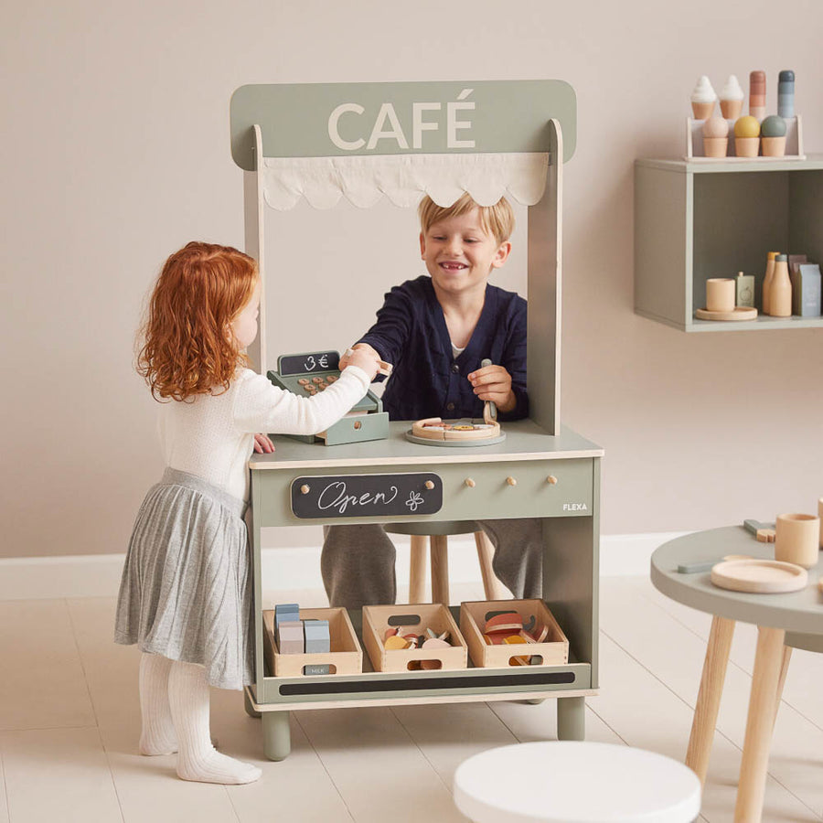 Wooden toy to foster your child's creativity with this versatile playset, allowing them to shift seamlessly between running a grocery store and serving a cafe.