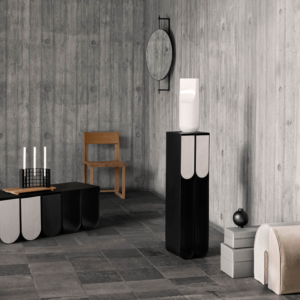 An image features Scandinavian design furniture, mirror and Mesh candle holder by Kristina Dam Studio