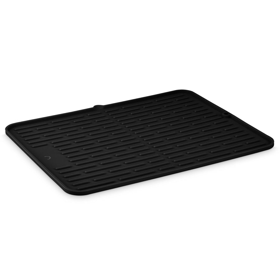 A large, black. rectangular-shaped, silicone dish mat on a white background