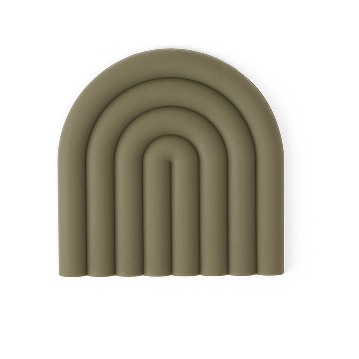 A packshot of rainbow trivet in olive made from 100% silicone.