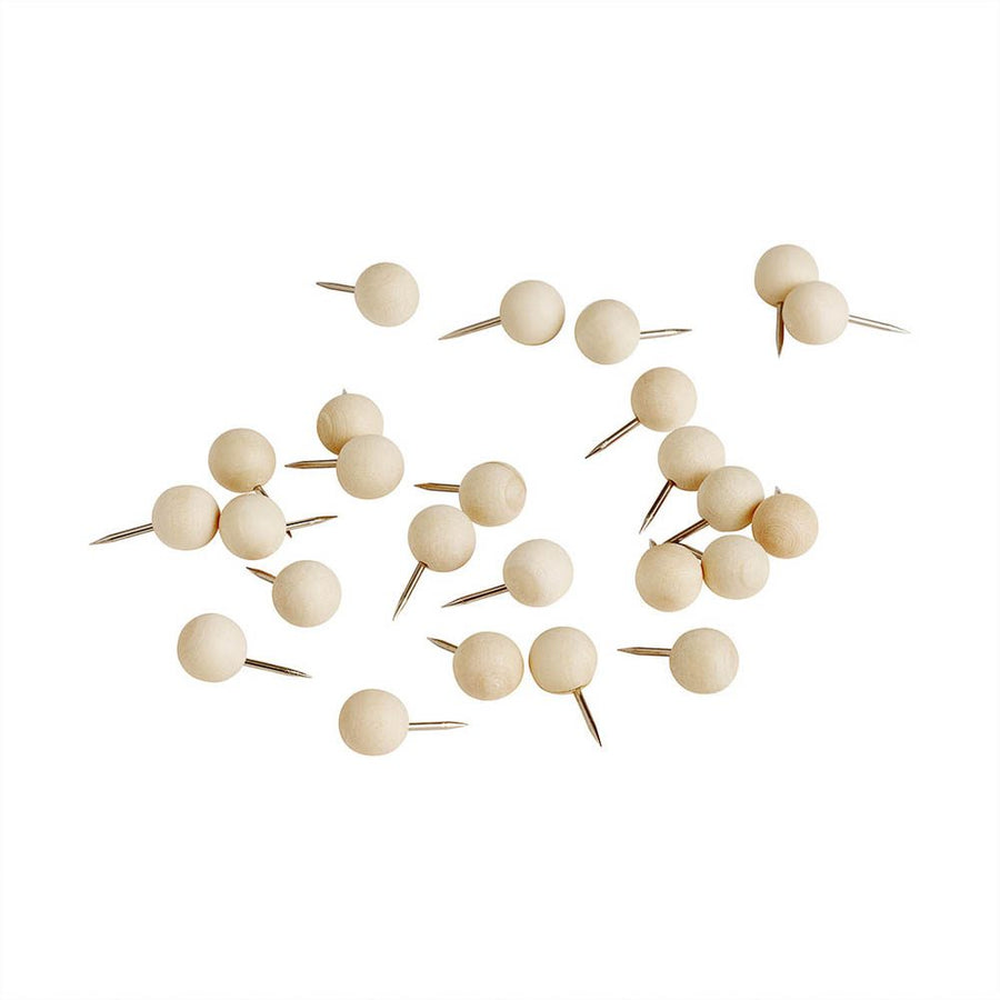 A packshot of wooden pins for bulletin or notice boards, pack of 25.