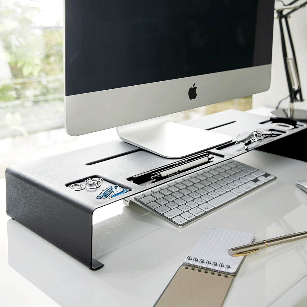 A desktop organiser in black made from steel by Japanese brand Yamazaki.