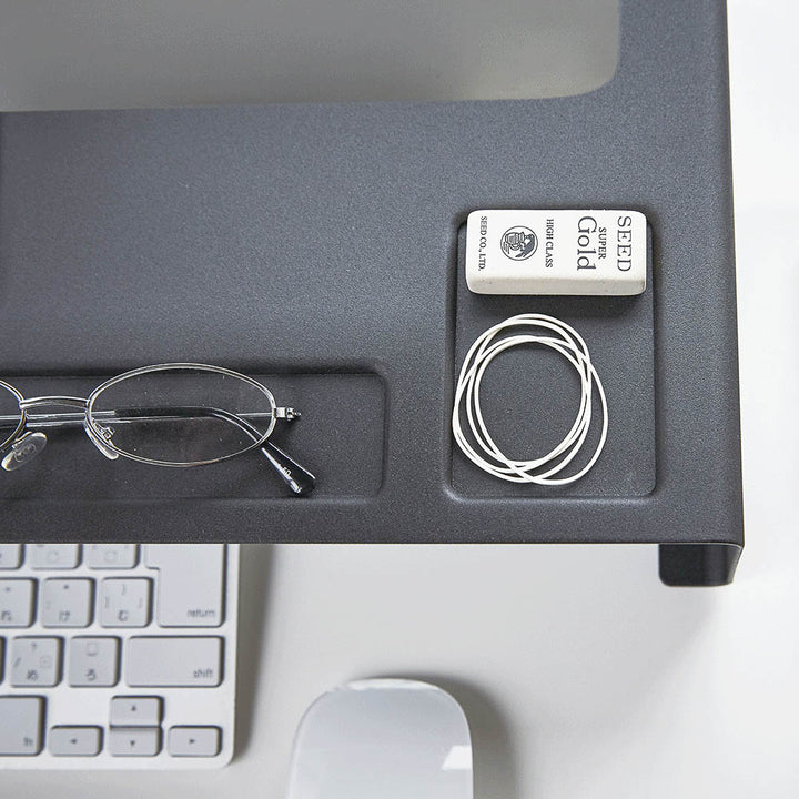 A detailed image of desktop organiser in black made from steel by Japanese brand Yamazaki.