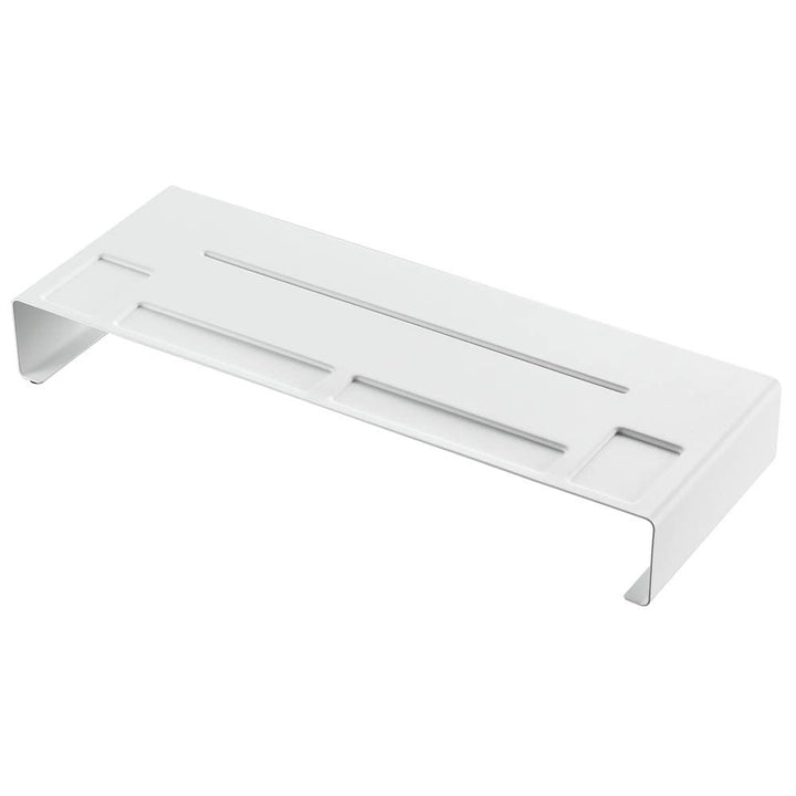 A monitor stand in white made from steel by Japanese brand Yamazaki.