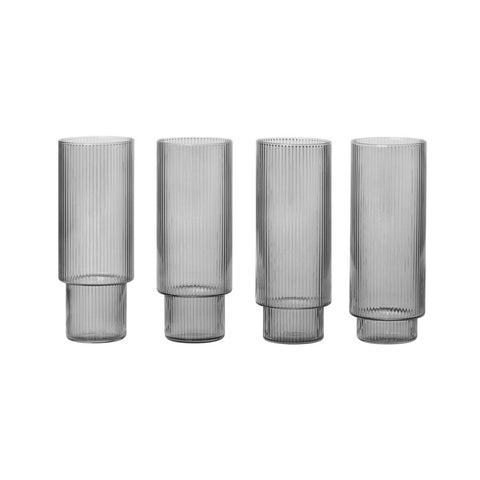 ferm LIVING Ripple Long Drink Glasses, Smoked Grey (Set of 4)