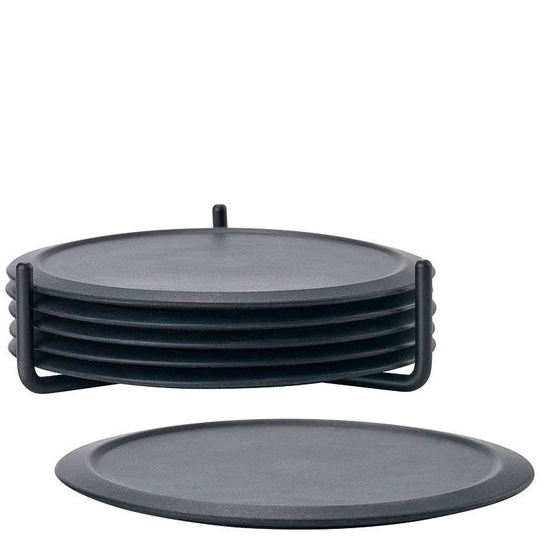 ZONE DENMARK Singles Coasters, Black with Holder, Set of 6-30103